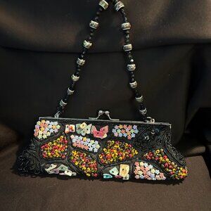Vintage Black Beaded Evening Bag Purse short and long handles
